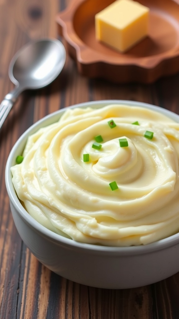 A bowl of creamy mashed potatoes garnished with chives on a rustic wooden table.
